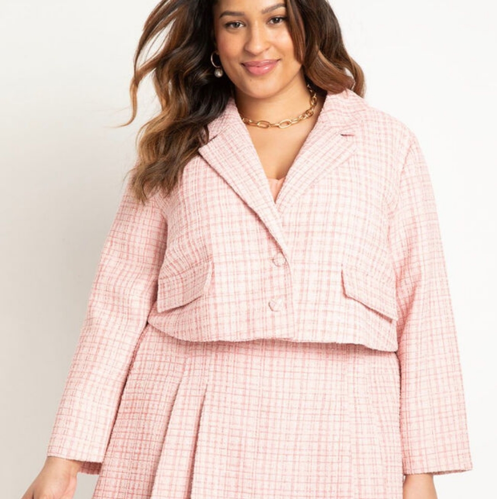 Eloquii barbie inspired pink tweed jacket